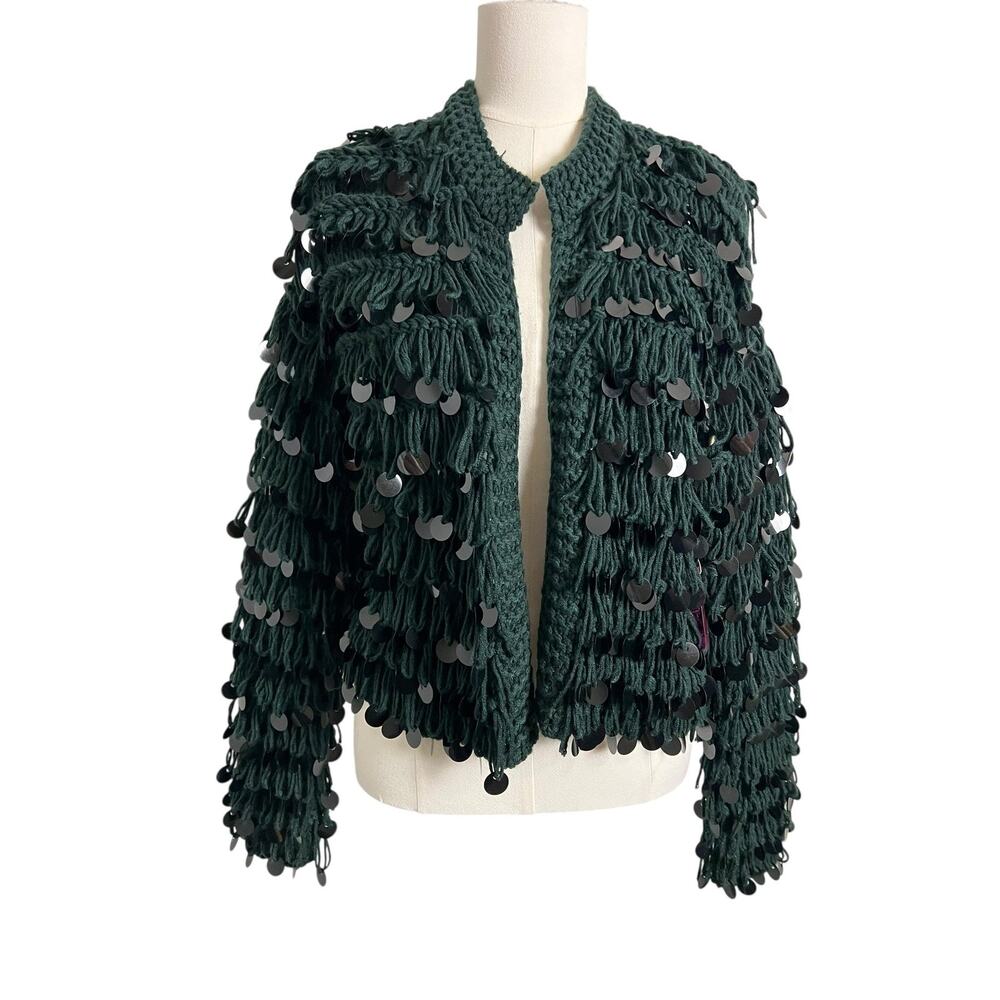 Forever 21 Cardigan Sweater Womens Small Hunter Green Sequin Chunky Knit Open - Picture 3 of 12